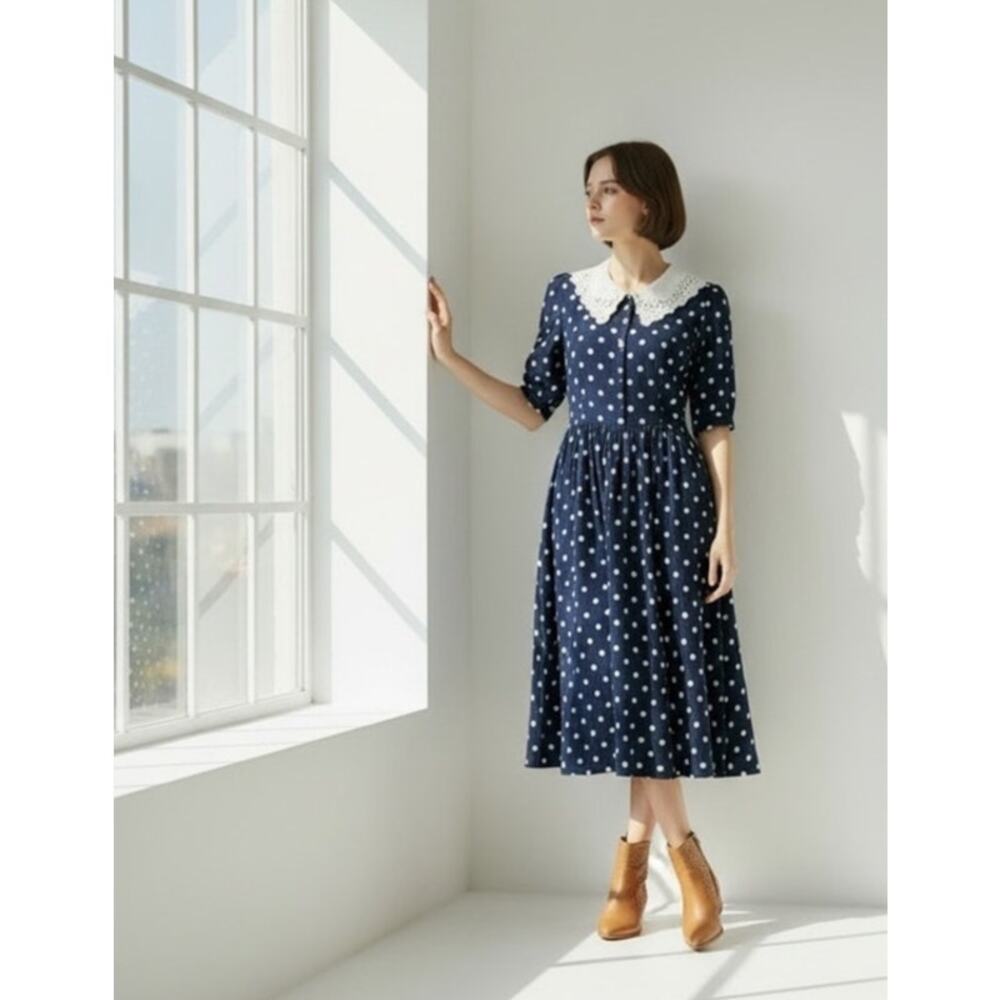 VTG Miss Dorby Polka Dot Collared Midi Dress Sz M Cottage Teacher Modest Cosplay